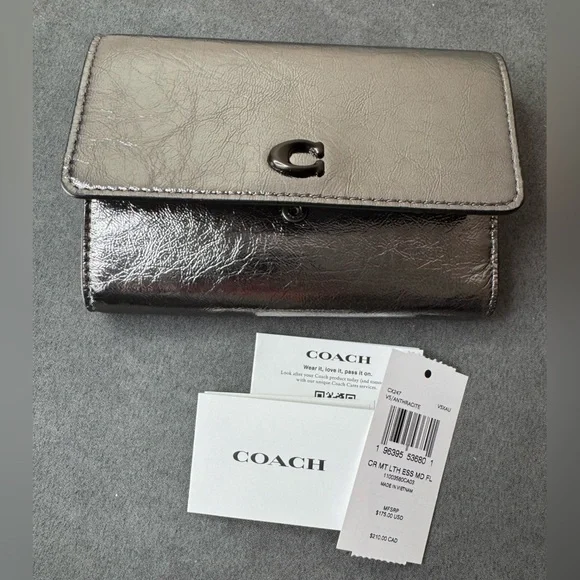 Coach Metallic Leather Snap Wallet Anthracite Gunmetal Hardware NWT - Picture 4 of 13